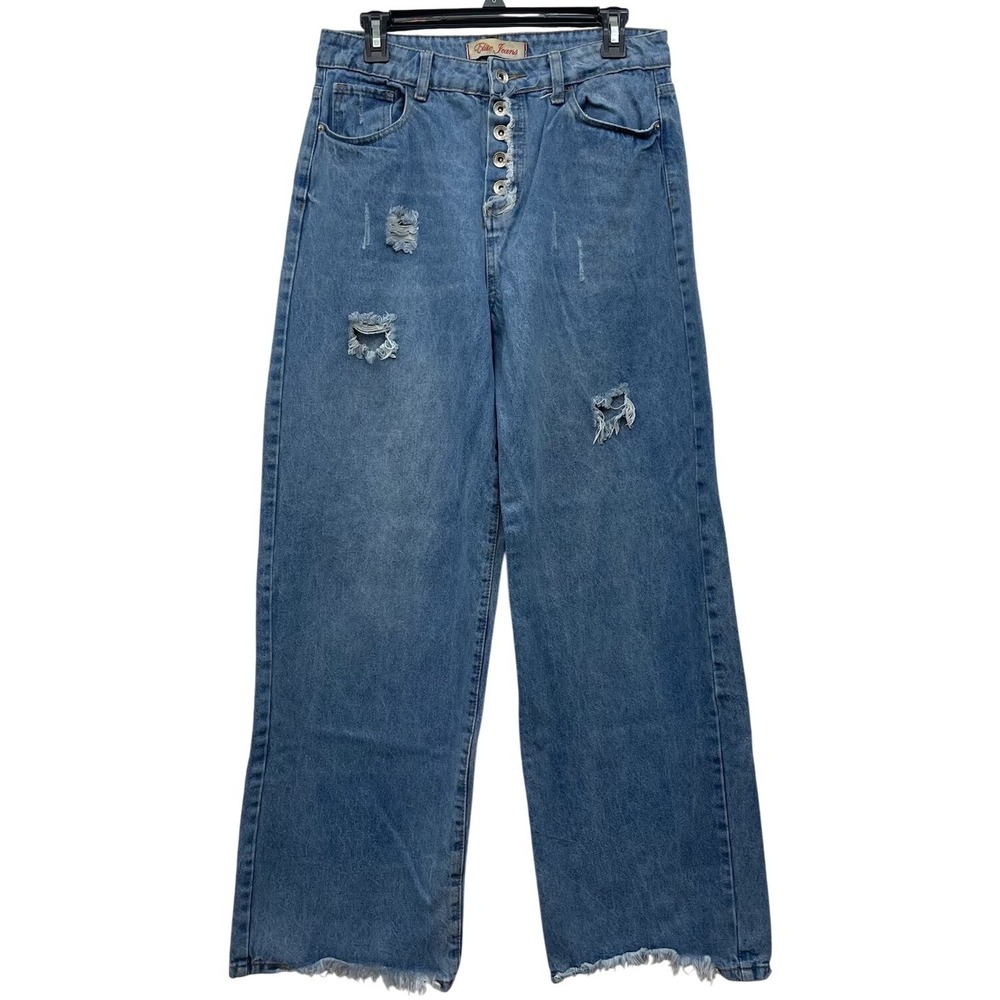 Wide Leg Distressed Jeans Womens 13/31 High Rise Button‎ Fly Raw Hem